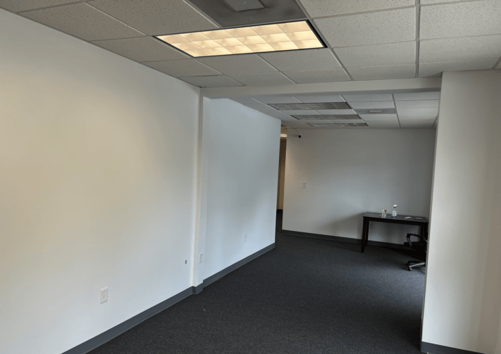 An office with dark grey flooring, dark grey trim, and white walls and ceiling