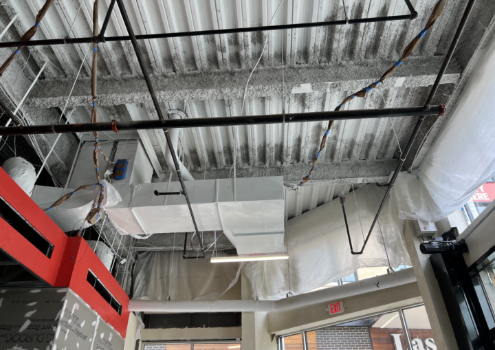 The white ceiling of a commercial restaurant space