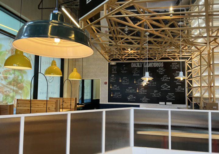 The interior of a modern, commercial restaurant