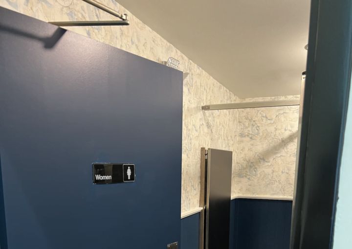 A women's bathroom with navy blue trim and marbled painting